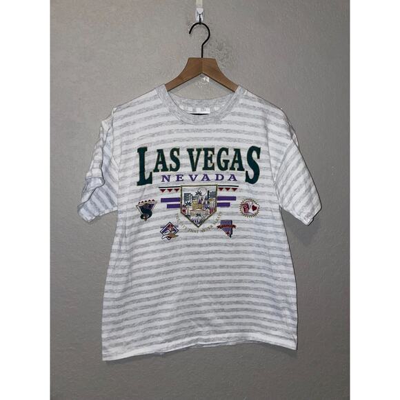 Vintage Las Vegas Shirt NV Nevada LV City 90s Gray Striped Tee VTG Large Stain - Picture 1 of 14